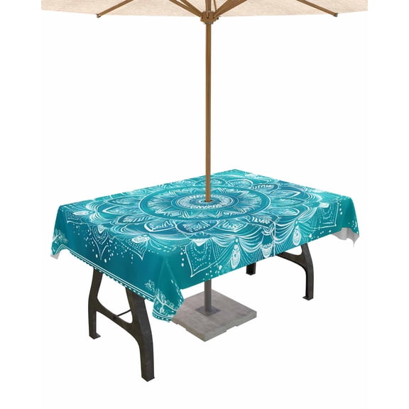 Outdoor Tablecloth with Umbrella Hole for Patio/Picnic/Party/Camping, Turquoise Boho Waterproof Table Cloth Rectangle Table Cover Washable, Abstract Art Floral Ethnic Tribal 52"x 70"