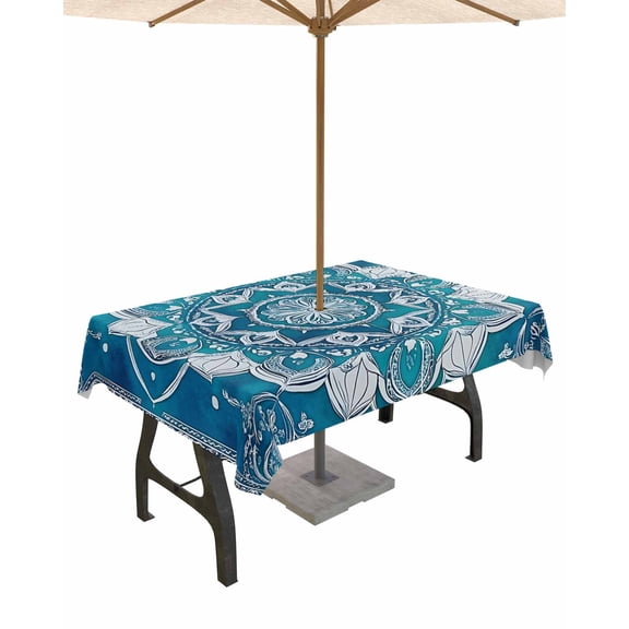 Outdoor Tablecloth with Umbrella Hole for Patio/Picnic/Party/Camping, Turquoise Boho Waterproof Table Cloth Rectangle Table Cover Washable, Ethnic Country Abstract Floral Aesthetic 52"x 70"