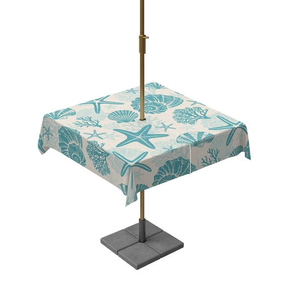 Outdoor Tablecloth with Umbrella Hole for Patio/Picnic/Party/Camping, Turquoise Coastal Summer Waterproof Table Cloth Square Cover Washable, Coral Shell Starfish Vintage (54"x 54")