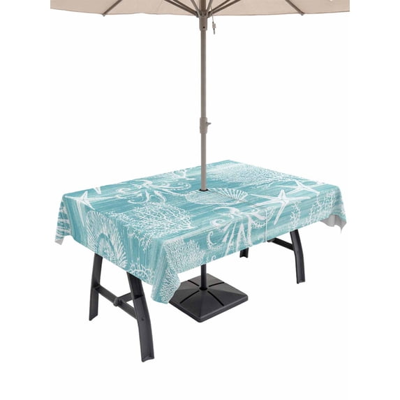Outdoor Tablecloth with Umbrella Hole for Patio/Picnic/Party/Camping, Turquoise Coastal Waterproof Table Cloth Rectangle Table Cover Washable, Nautical Coral Starfish Shell Octopus Sea (54"x 80")