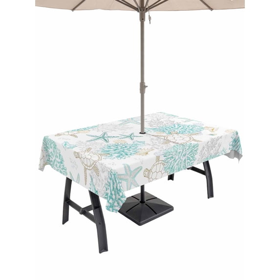 Outdoor Tablecloth with Umbrella Hole for Patio/Picnic/Party/Camping, Turquoise Coastal Waterproof Table Cloth Rectangle Table Cover Washable, Summer Beach Coral Sea Turtle Starfish (60"x 120")