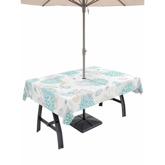 Outdoor Tablecloth with Umbrella Hole for Patio/Picnic/Party/Camping, Turquoise Coastal Waterproof Table Cloth Rectangle Table Cover Washable, Summer Beach Ocean Coral Conch Shell (54"x 80")