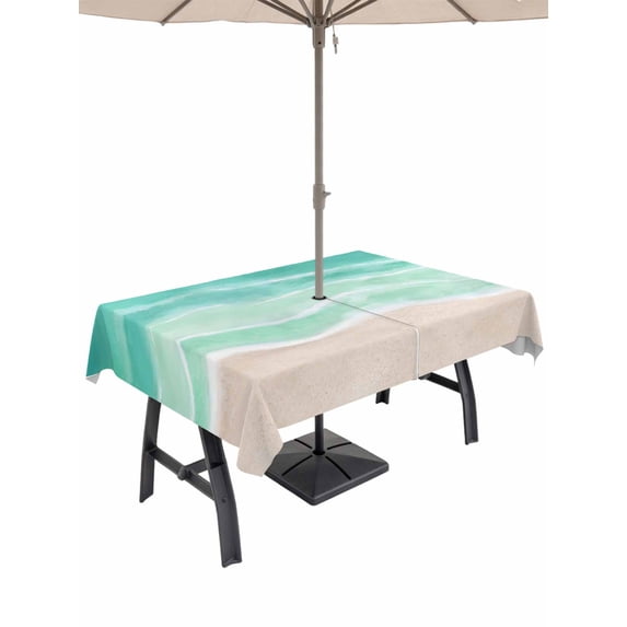 Outdoor Tablecloth with Umbrella Hole for Patio/Picnic/Party/Camping, Turquoise Coastal Waterproof Table Cloth Rectangle Table Cover Washable, Waves Summer Beach Ocean Sea (54"x 80")