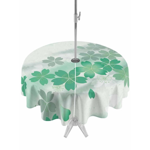 Outdoor Tablecloth with Umbrella Hole for Patio/Picnic/Party/Camping, Turquoise Floral Waterproof Table Cloth Round Cover Washable, Modern Abstract Art Flowers Aesthetic (Dia 54")