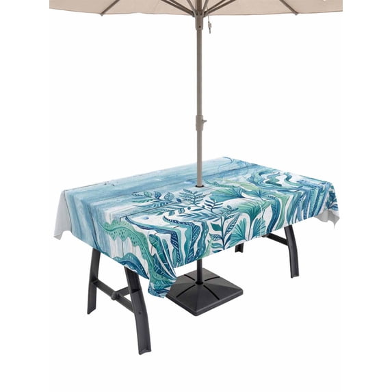 Outdoor Tablecloth with Umbrella Hole for Patio/Picnic/Party/Camping, Turquoise Jellyfish Coastal Waterproof Table Cloth Rectangle Table Cover Washable, Summer Ocean Seaweed Wooden (60"x 84")