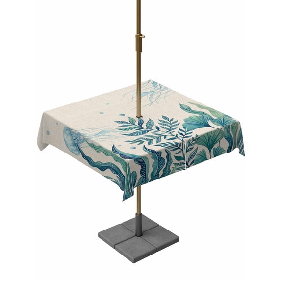 Outdoor Tablecloth with Umbrella Hole for Patio/Picnic/Party/Camping, Turquoise Jellyfish Coastal Waterproof Table Cloth Square Cover Washable, Summer Ocean Seaweed Rustic (54"x 54")