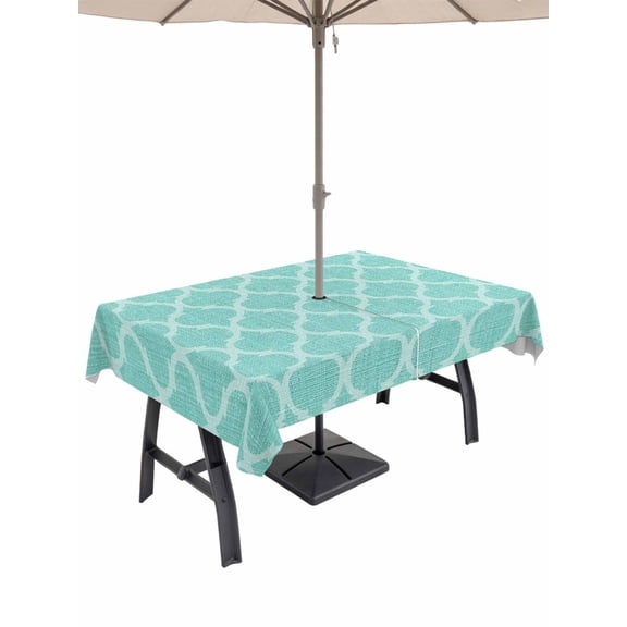 Outdoor Tablecloth with Umbrella Hole for Patio/Picnic/Party/Camping, Turquoise Moroccan Waterproof Table Cloth Rectangle Table Cover Washable, Morocco Boho Ethnic Abstract Geometric (52"x 70")