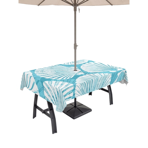 Outdoor Tablecloth with Umbrella Hole for Patio/Picnic/Party/Camping, Turquoise Scallop Coastal Waterproof Table Cloth Rectangle Table Cover Washable, Summer Beach Nautical (52"x 70")