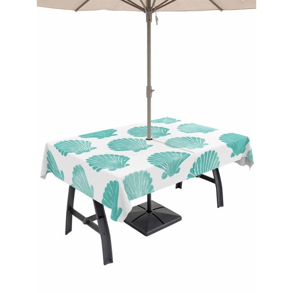 Outdoor Tablecloth with Umbrella Hole for Patio/Picnic/Party/Camping, Turquoise Shell Coastal Waterproof Table Cloth Rectangle Table Cover Washable, Summer Beach Ocean Conch (60"x 120")