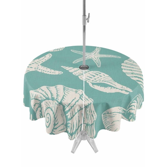 Outdoor Tablecloth with Umbrella Hole for Patio/Picnic/Party/Camping, Turquoise Starfish Coastal Waterproof Table Cloth Round Cover Washable, Shell Summer Beach Nautical (Dia 54")