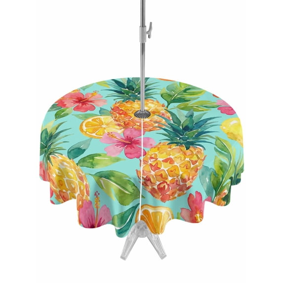 Outdoor Tablecloth with Umbrella Hole for Patio/Picnic/Party/Camping, Turquoise Summer Pineapple Waterproof Table Cloth Round Cover Washable, Tropical Lemon Fruits Leaves (Dia 60")