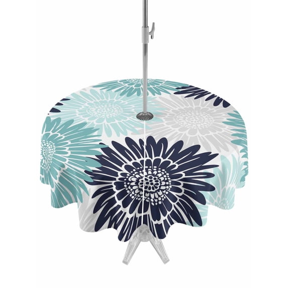 Outdoor Tablecloth with Umbrella Hole for Patio/Picnic/Party/Camping, Turquoise Sunflowers Waterproof Table Cloth Round Cover Washable, Boho Vintage Floral Rustic Blossom (Dia 54")