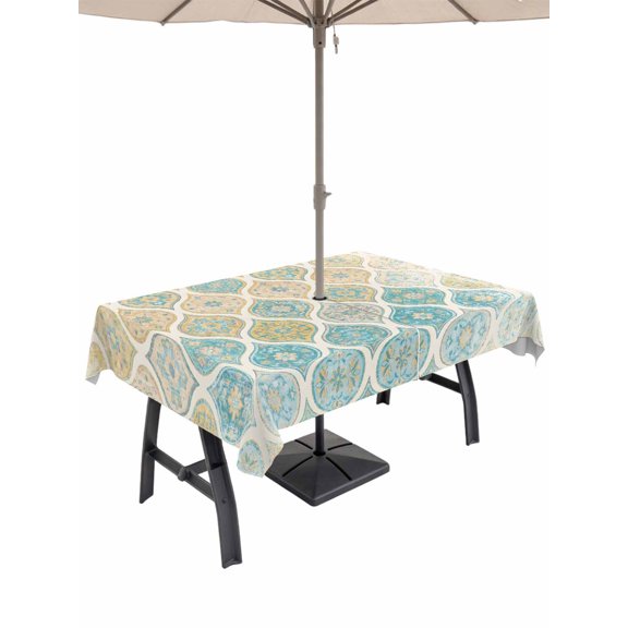 Outdoor Tablecloth with Umbrella Hole for Patio/Picnic/Party/Camping, Turquoise Yellow Boho Waterproof Table Cloth Rectangle Table Cover Washable, Southwest Aztec Abstract Geometric (52"x 70")