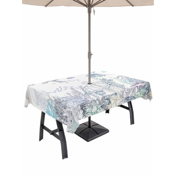 Outdoor Tablecloth with Umbrella Hole for Patio/Picnic/Party/Camping, Turtle Coastal Waterproof Table Cloth Rectangle Table Cover Washable, Nautical Summer Beach Coral Jellyfish Shell (52"x 70")