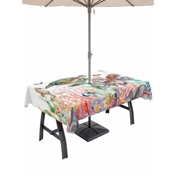 Outdoor Tablecloth with Umbrella Hole for Patio/Picnic/Party/Camping, Turtle Coastal Waterproof Table Cloth Rectangle Table Cover Washable, Nautical Summer Beach Coral Seahorse Jellyfish (52"x 70")