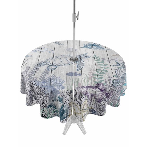 Outdoor Tablecloth with Umbrella Hole for Patio/Picnic/Party/Camping, Turtle Coastal Waterproof Table Cloth Round Cover Washable, Nautical Summer Beach Coral Jellyfish Wooden (Dia 54")