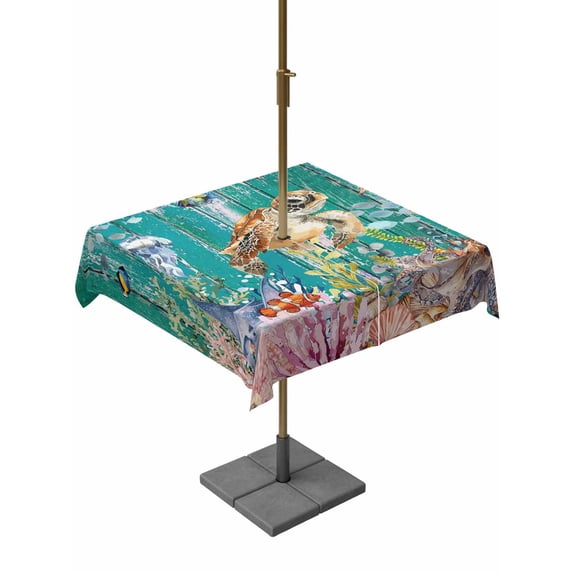 Outdoor Tablecloth with Umbrella Hole for Patio/Picnic/Party/Camping, Turtle Coastal Waterproof Table Cloth Square Cover Washable, Summer Beach Coral Seahorse Green Wooden Retro (60"x 60")