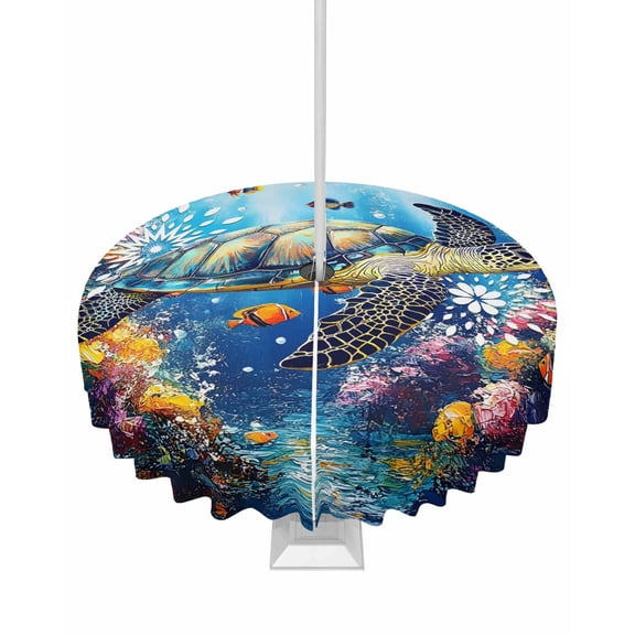 Outdoor Tablecloth with Umbrella Hole for Patio/Picnic/Party/Camping, Turtle Waterproof Table Cloth Round Cover Washable, Ocean Fish Coral Underwater World Cartoon Dia 54"