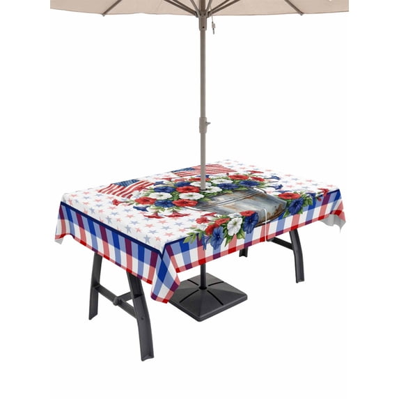Outdoor Tablecloth with Umbrella Hole for Patio/Picnic/Party/Camping, USA 4th of July Waterproof Table Cloth Rectangle Table Cover Washable, Red Blue Plaid Floral Patriotic (54"x 80")