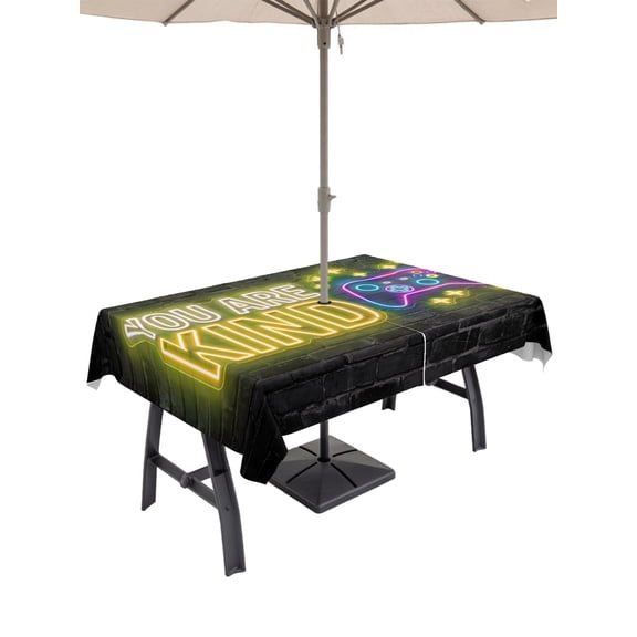 Outdoor Tablecloth with Umbrella Hole for Patio/Picnic/Party/Camping, Video Games Waterproof Table Cloth Rectangle Table Cover Washable, Modern Game Zone Geometric Graffiti Brick (52"x 70")