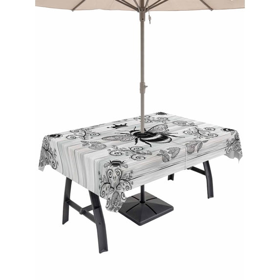 Outdoor Tablecloth with Umbrella Hole for Patio/Picnic/Party/Camping, Vintage Bees Crowns Waterproof Table Cloth Rectangle Table Cover Washable, Retro Leaves Rings Gray Wooden (54"x 80")