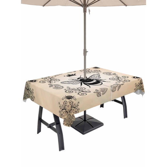 Outdoor Tablecloth with Umbrella Hole for Patio/Picnic/Party/Camping, Vintage Bees Crowns Waterproof Table Cloth Rectangle Table Cover Washable, Rustic Leaves Rings Brown Gradient (60"x 102")