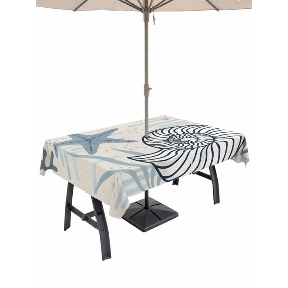 Outdoor Tablecloth with Umbrella Hole for Patio/Picnic/Party/Camping, Vintage Blue Coastal Waterproof Table Cloth Rectangle Table Cover Washable, Nautical Starfish Coral Summer Ocean Retro (60"x 84")