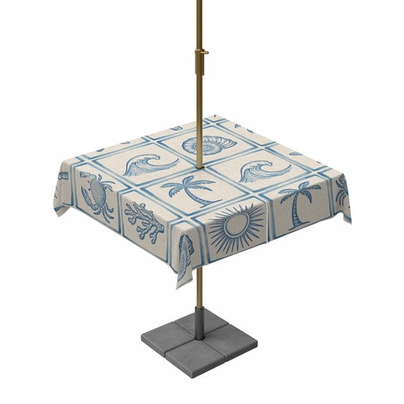 Outdoor Tablecloth with Umbrella Hole for Patio/Picnic/Party/Camping, Vintage Blue Coastal Waterproof Table Cloth Square Cover Washable, Nautical Starfish Coral Conch Ocean Retro (60"x 60")