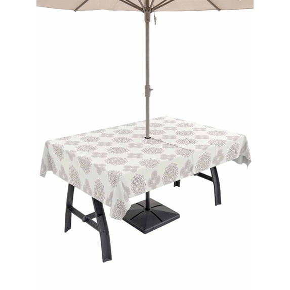 Outdoor Tablecloth with Umbrella Hole for Patio/Picnic/Party/Camping, Vintage Bohemia Waterproof Table Cloth Rectangle Table Cover Washable, Gray Flowers Boho Pattern Cream (60"x 102")