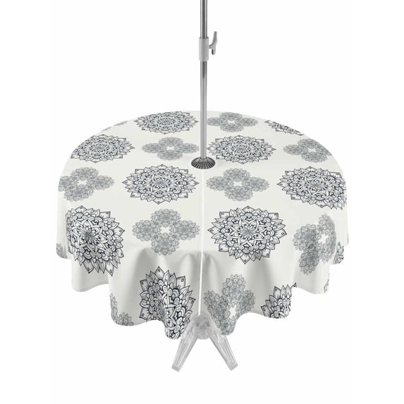 Outdoor Tablecloth with Umbrella Hole for Patio/Picnic/Party/Camping, Vintage Bohemia Waterproof Table Cloth Round Cover Washable, Blue Gray Boho Abstract Flowers Beige (Dia 60")