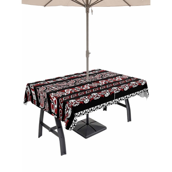 Outdoor Tablecloth with Umbrella Hole for Patio/Picnic/Party/Camping, Vintage Boho Waterproof Table Cloth Rectangle Table Cover Washable, Farmhouse Ethnic Tribe Black Classic (60"x 120")