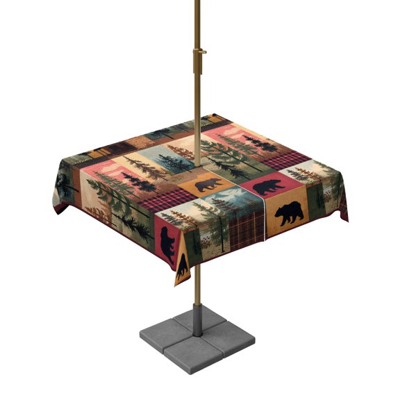 Outdoor Tablecloth with Umbrella Hole for Patio/Picnic/Party/Camping, Vintage Checkered Bear Cabin Waterproof Table Cloth Square Cover Washable, Forest Animals Retro Art Tree (54"x 54")