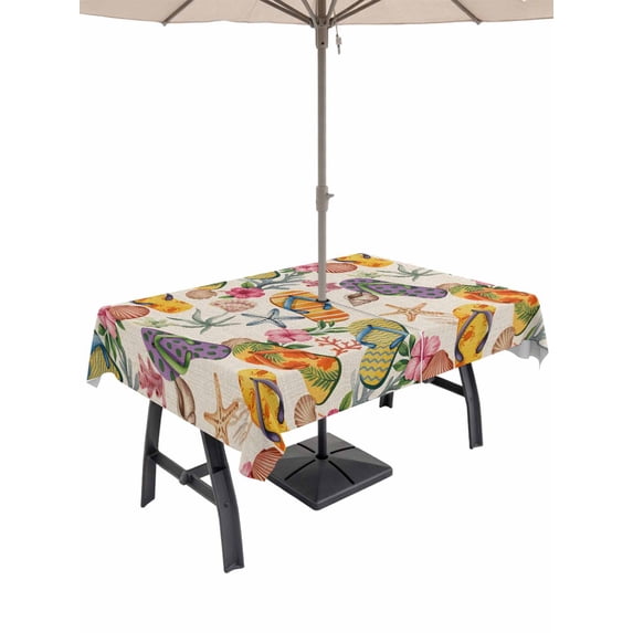 Outdoor Tablecloth with Umbrella Hole for Patio/Picnic/Party/Camping, Vintage Coastal Waterproof Table Cloth Rectangle Table Cover Washable, Summer Sea Starfish Coral Flip Flops Beige (60"x 120")