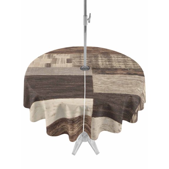 Outdoor Tablecloth with Umbrella Hole for Patio/Picnic/Party/Camping, Vintage Country Waterproof Table Cloth Round Cover Washable, Farmhouse Wooden Plank Patchwork Brown (Dia 54")