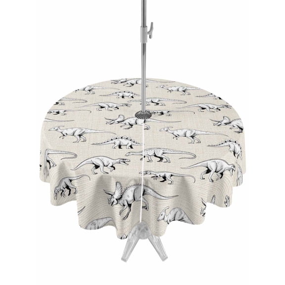 Outdoor Tablecloth with Umbrella Hole for Patio/Picnic/Party/Camping, Vintage Dinosaur Waterproof Table Cloth Round Cover Washable, Primitive Animals Wildlife Hand-painting Beige (Dia 54")