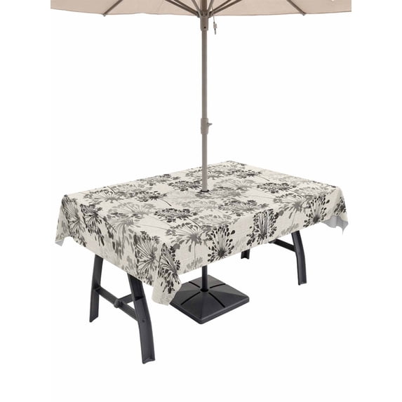 Outdoor Tablecloth with Umbrella Hole for Patio/Picnic/Party/Camping, Vintage Floral Waterproof Table Cloth Rectangle Table Cover Washable, Grey Spring Dandelion Plants Flower Botanical (60"x 102")