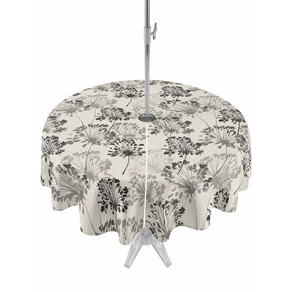 Outdoor Tablecloth with Umbrella Hole for Patio/Picnic/Party/Camping, Vintage Floral Waterproof Table Cloth Round Cover Washable, Grey Spring Dandelion Plants Flower Botanical (Dia 60")