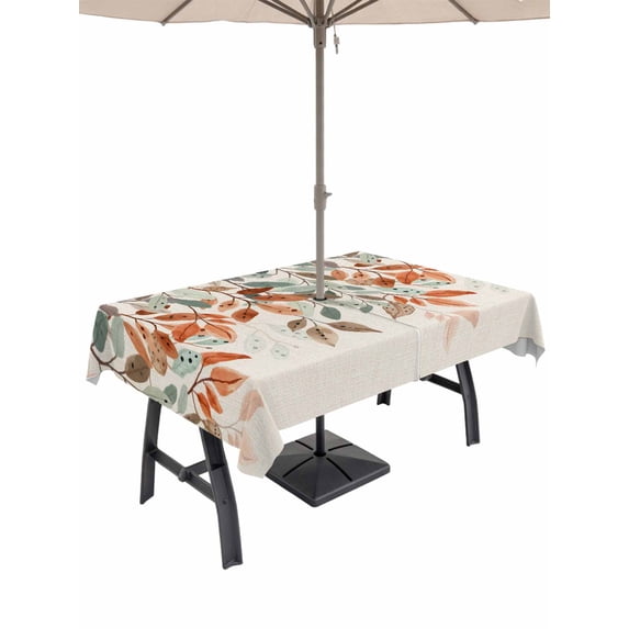 Outdoor Tablecloth with Umbrella Hole for Patio/Picnic/Party/Camping, Vintage Leaves Waterproof Table Cloth Rectangle Table Cover Washable, Summer Botanical Pastoral Watercolor Rustic (60"x 102")