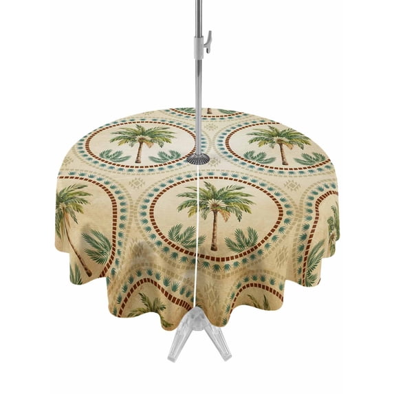 Outdoor Tablecloth with Umbrella Hole for Patio/Picnic/Party/Camping, Vintage Palm Trees Waterproof Table Cloth Round Cover Washable, Summer Botanical Retro Watercolor (Dia 60")