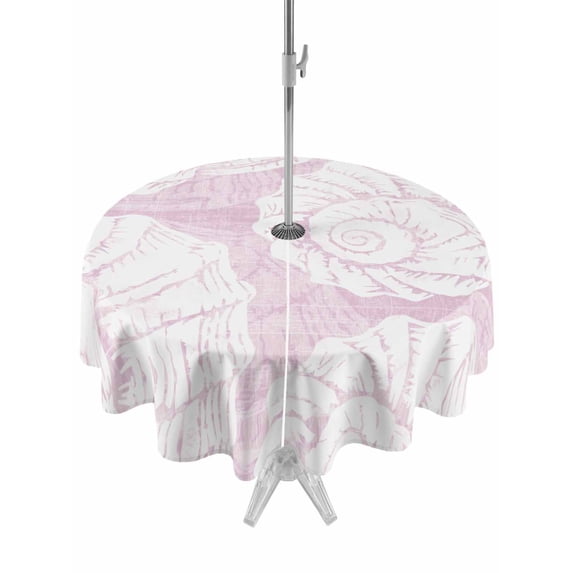 Outdoor Tablecloth with Umbrella Hole for Patio/Picnic/Party/Camping, Vintage Shell Pink Waterproof Table Cloth Round Cover Washable, Summer Ocean Coastal (Dia 54")