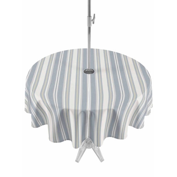Outdoor Tablecloth with Umbrella Hole for Patio/Picnic/Party/Camping, Vintage Stripes Waterproof Table Cloth Round Cover Washable, Retro Minimalist Lines Pattern Light Blue (Dia 60")