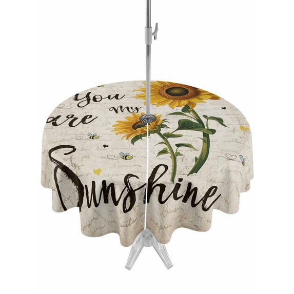 Outdoor Tablecloth with Umbrella Hole for Patio/Picnic/Party/Camping, Vintage Sunflowers Waterproof Table Cloth Round Cover Washable, Spring Summer Retro Bees Yellow Floral (Dia 60")