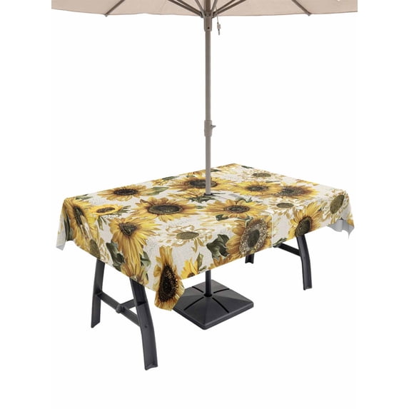 Outdoor Tablecloth with Umbrella Hole for Patio/Picnic/Party/Camping, Vintage Yellow Spring Sunflower Waterproof Table Cloth Rectangle Table Cover Washable, Vintage Botanical Farm Beige (52"x 70")