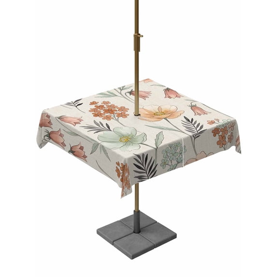 Outdoor Tablecloth with Umbrella Hole for Patio/Picnic/Party/Camping, Watercolor Botanical Waterproof Table Cloth Square Cover Washable, Spring Floral Leaves Retro Country Beige (60"x 60")