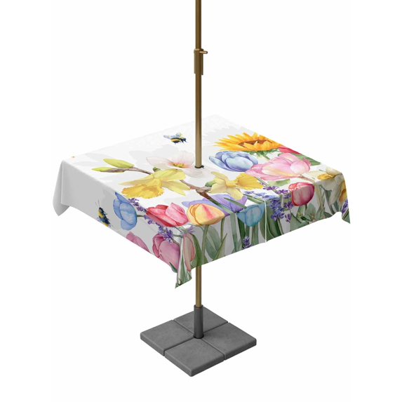 Outdoor Tablecloth with Umbrella Hole for Patio/Picnic/Party/Camping, Watercolor Floral Waterproof Table Cloth Square Cover Washable, Spring Tulip Sunflowers Butterfly (54"x 54")