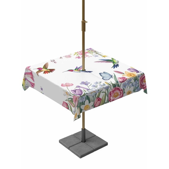 Outdoor Tablecloth with Umbrella Hole for Patio/Picnic/Party/Camping, Watercolor Flowers Waterproof Table Cloth Square Cover Washable, Spring Hummingbird Butterflly Floral (60"x 60")