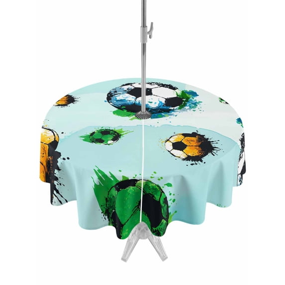 Outdoor Tablecloth with Umbrella Hole for Patio/Picnic/Party/Camping, Watercolor Football Waterproof Table Cloth Round Cover Washable, Modern Sporty Aesthetic Green (Dia 54")