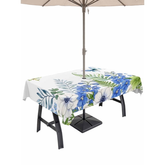 Outdoor Tablecloth with Umbrella Hole for Patio/Picnic/Party/Camping, Watercolor Foral Waterproof Table Cloth Rectangle Table Cover Washable, Spring Flowers Butterflies Leaves Plants (54"x 80")