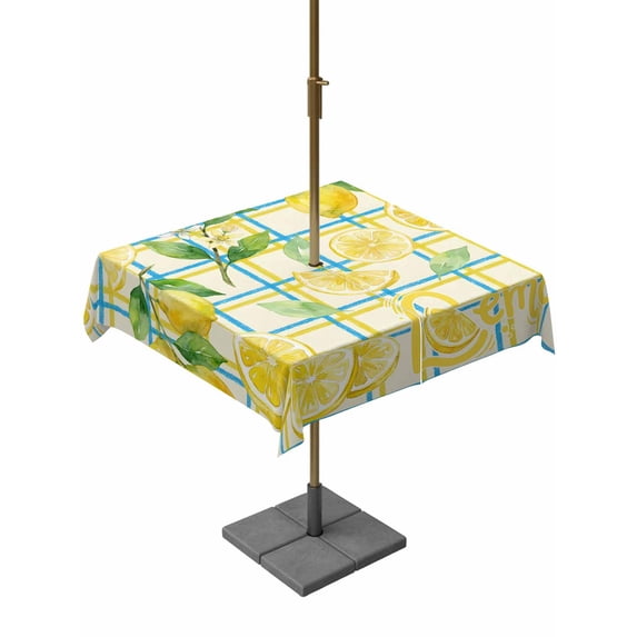 Outdoor Tablecloth with Umbrella Hole for Patio/Picnic/Party/Camping, Watercolor Lemons Waterproof Table Cloth Square Cover Washable, Summer Blue Yellow Checkered Geo (54"x 54")