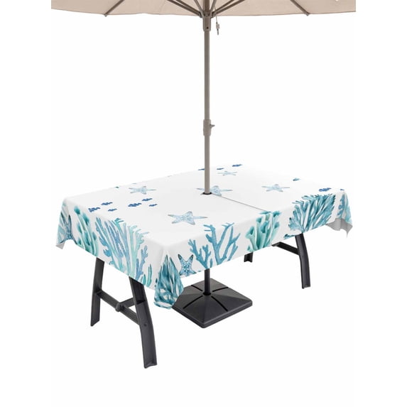 Outdoor Tablecloth with Umbrella Hole for Patio/Picnic/Party/Camping, Watercolor Sea Coral Waterproof Table Cloth Rectangle Table Cover Washable, Summer Ocean Marine Starfish Blue Green (60"x 102")